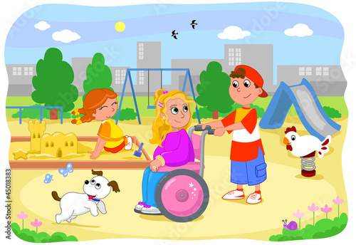 Pretty blond girl on wheelchair at the playground with friends