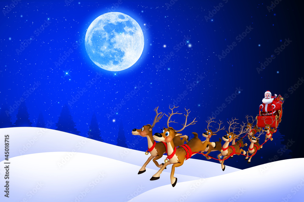 santa and his sleigh running in iceland with moon santa and his sleigh running in iceland with moon