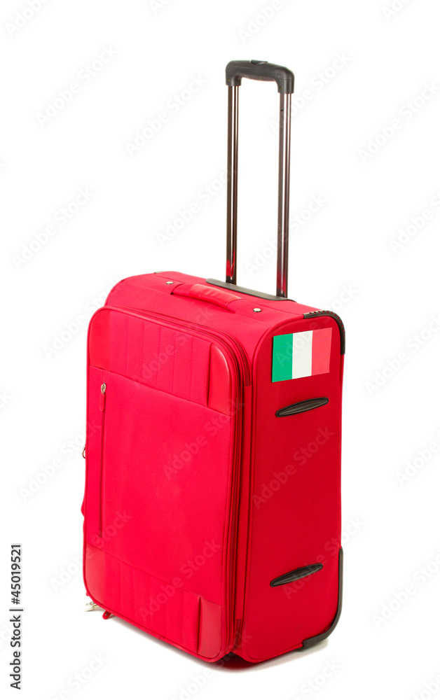 red suitcase with sticker with flag of Italy isolated on white red suitcase with sticker with flag of Italy isolated on white