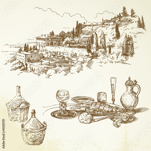 wine, vineyard, Tuscany - hand drawn collection