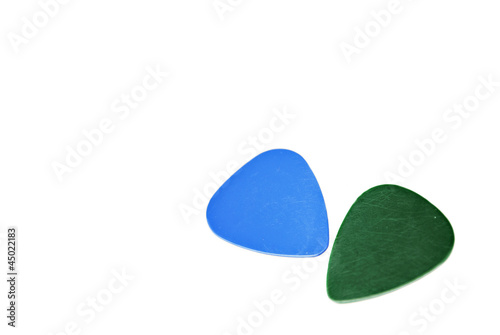 Blue and Green Guitar Picks Isolated on White Background