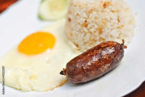 Breakfast Fried Garlic Sausage with Egg and Rice