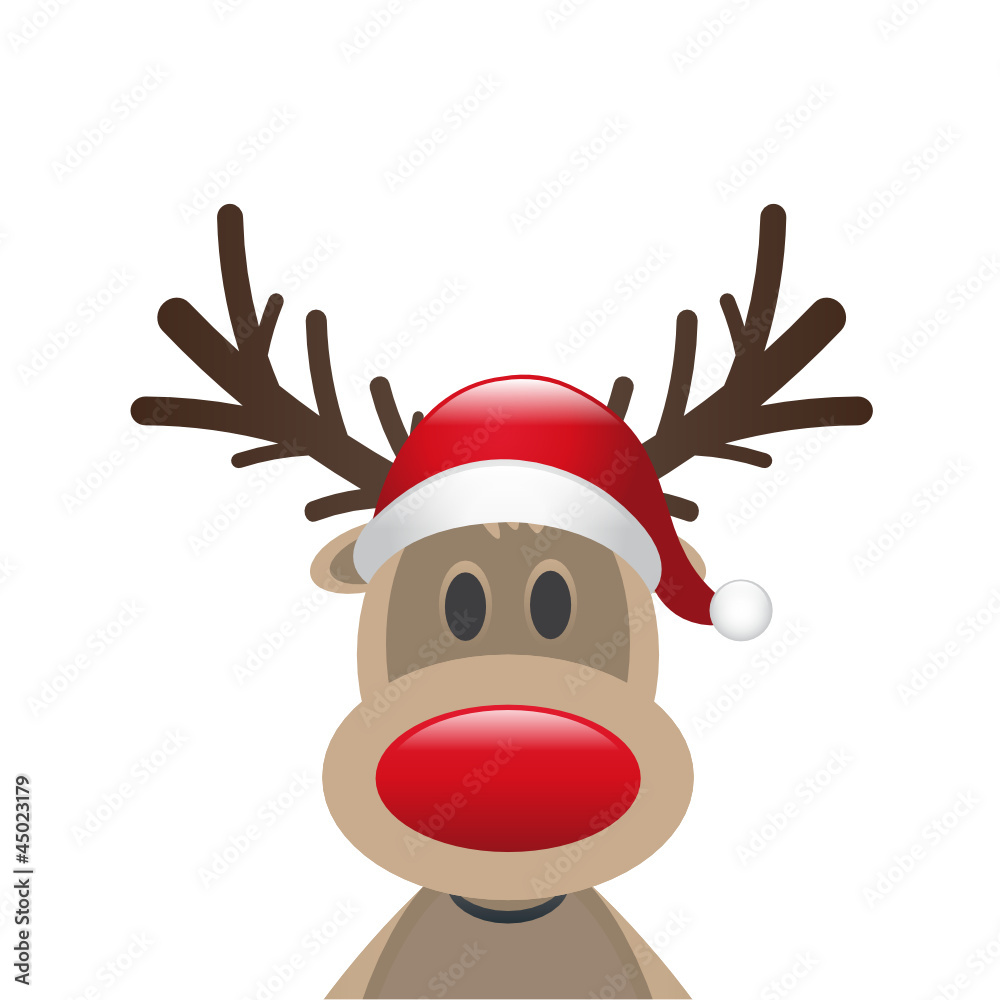 rudolph reindeer red nose and hat - obrazy, fototapety, plakaty 