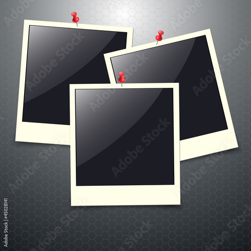 Photo frames with push pins, vector illustration