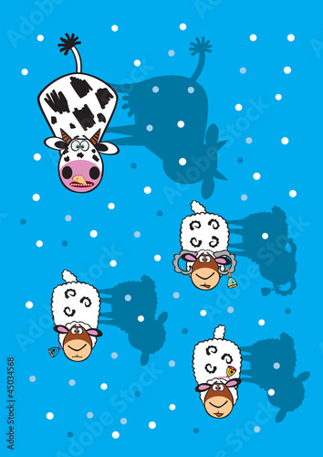 cartoon cow and sheep winter time