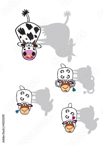 cartoon cow,ram and sheep with shadows on white