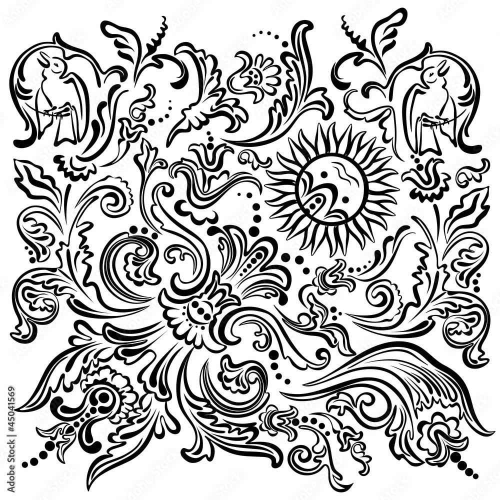 Abstract image of a garden. Elements for design flowers, birds Abstract image of a garden. Elements for design flowers, birds