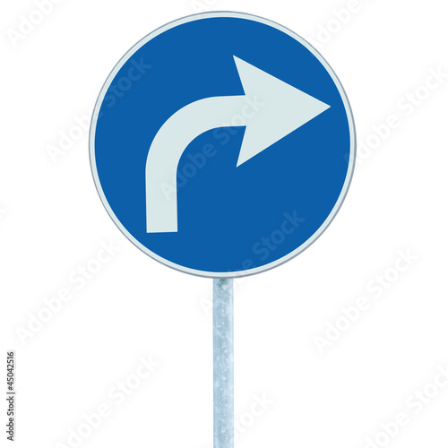 Turn right ahead sign, blue round isolated roadside traffic sign