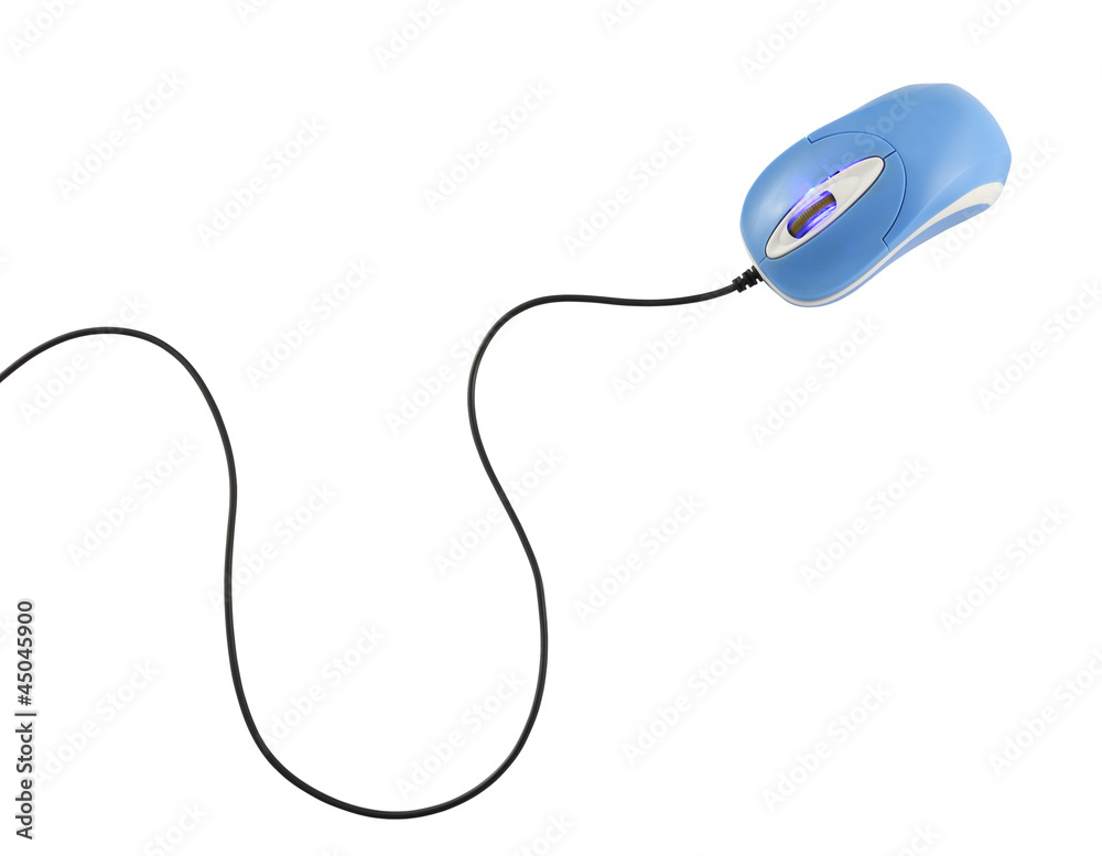 Blue computer mouse and tail on white background. Blue computer mouse and tail on white background.