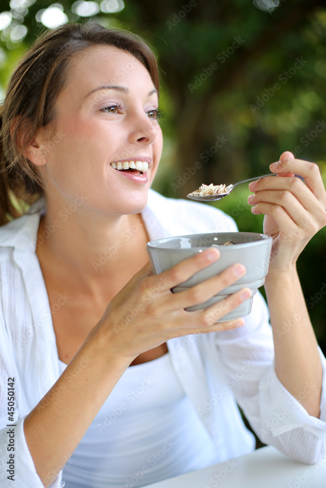 Portrait of beautiful woman having breakfast outside Portrait of beautiful woman having breakfast outside