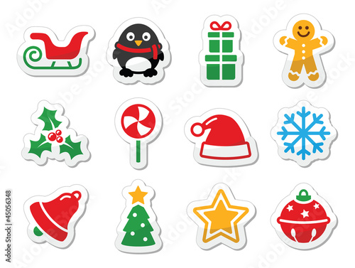 Christmas icons as colourful labels set