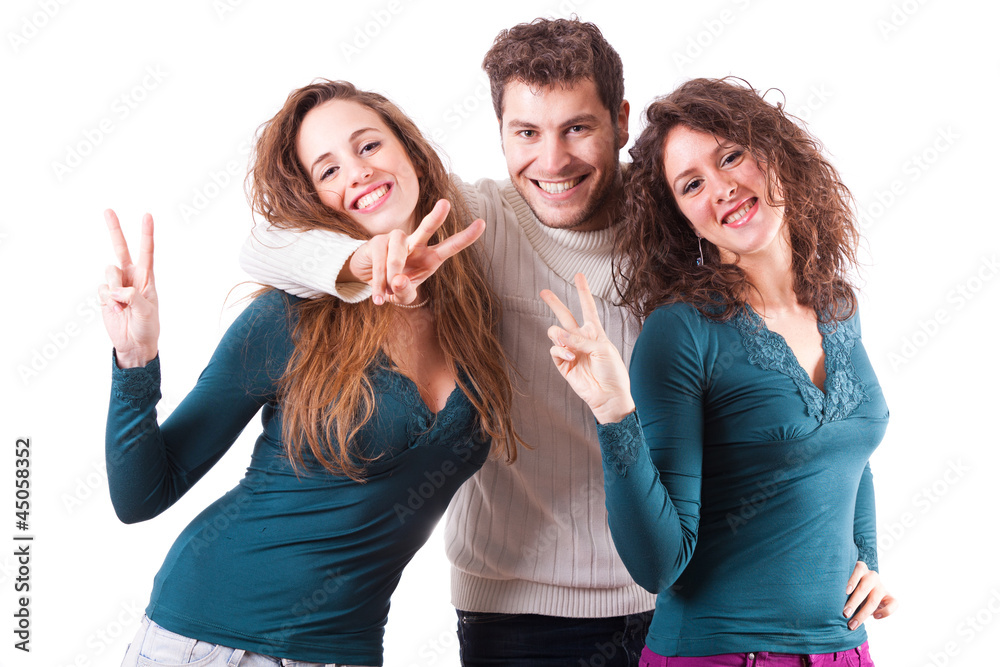 Three Happy Friends Showing Victory Sign Three Happy Friends Showing Victory Sign