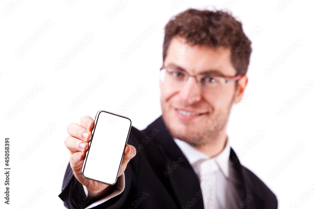 Young Businessman with Smartphone on White Young Businessman with Smartphone on White