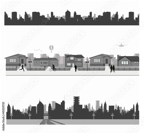 Suburban homes and City skyline