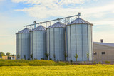 silver silos in corn field