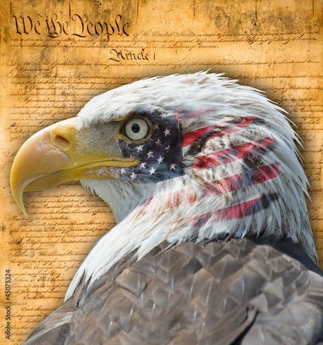 Aguila con bandera americana y documentos históricos. photo