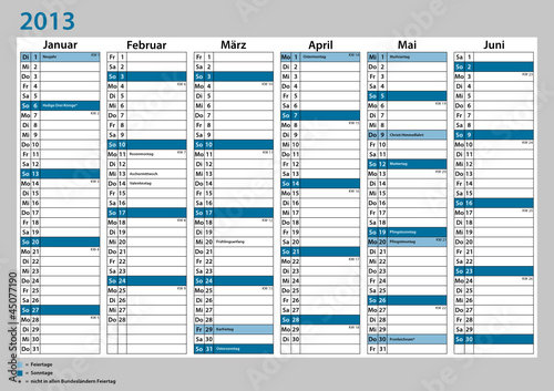 Kalender Deutschland 2013 Januar - Juni