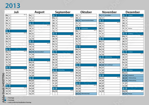 Kalender Deutschland 2013 Juli - Dezember