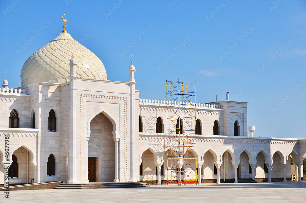 white mosque under construction in Bolgar, Russia