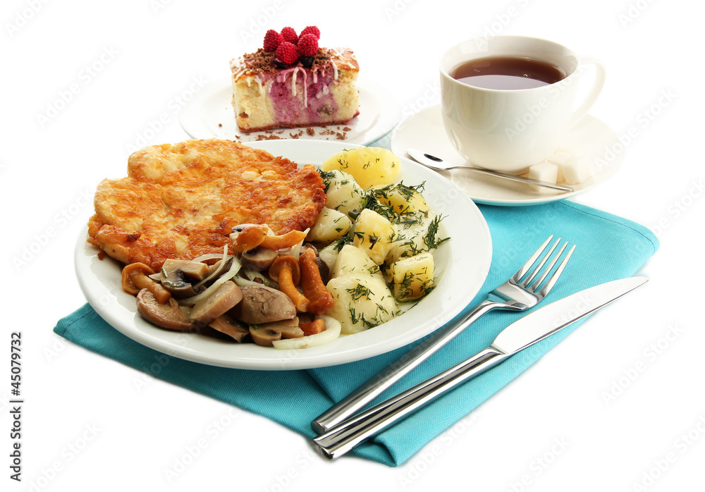 Roast chicken cutlet with boiled potatoes and vegetables, cup Roast chicken cutlet with boiled potatoes and vegetables, cup