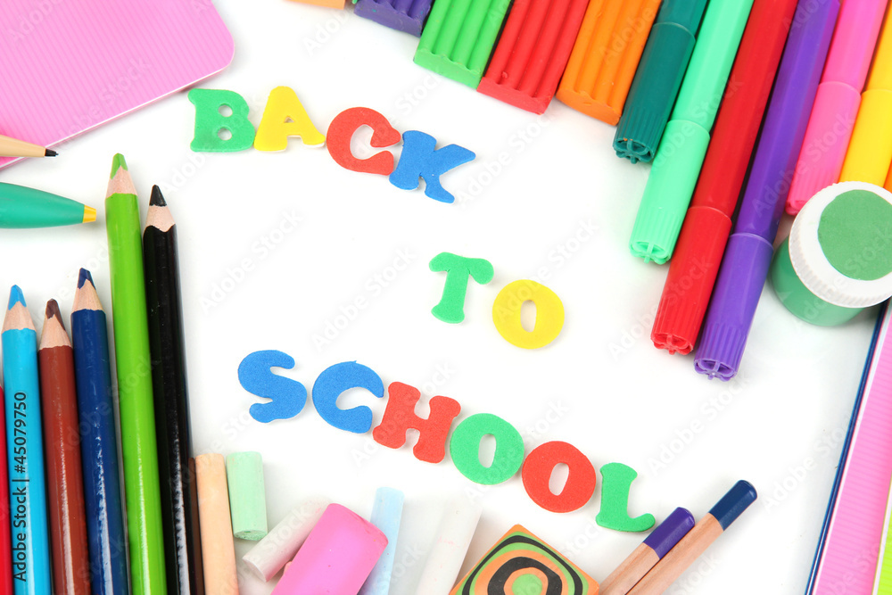The words 'Back to School' composed of letters with various The words 'Back to School' composed of letters with various