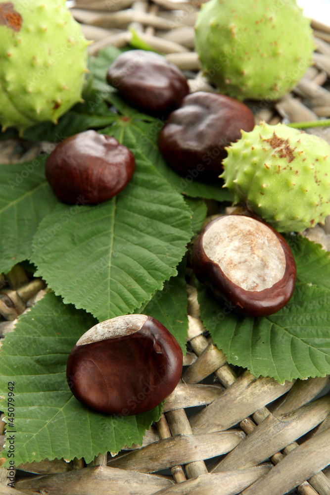 Chestnuts with leaves on wicker background Chestnuts with leaves on wicker background