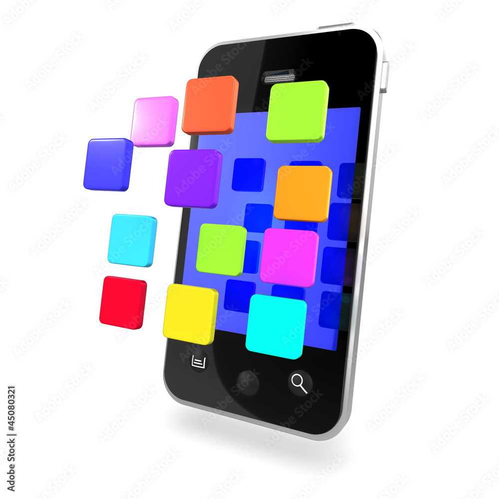 3d Smartphone with apps floating outwards left 3d Smartphone with apps floating outwards left