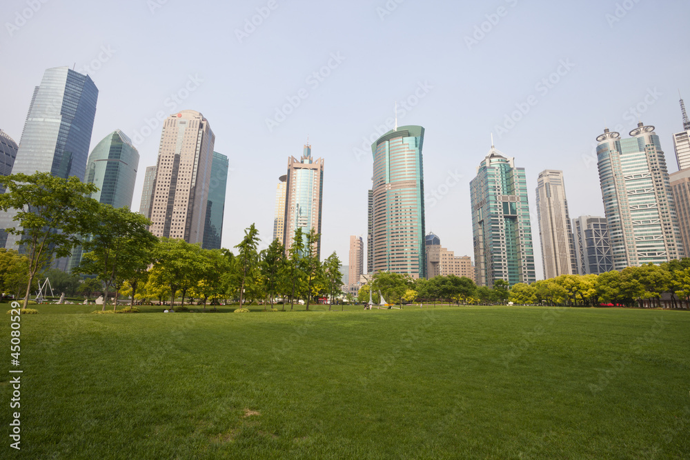 city and grass with blue sky