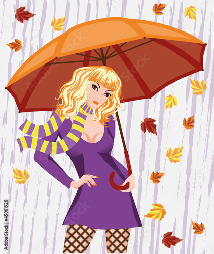 Autumn girl with umbrella. vector illustration