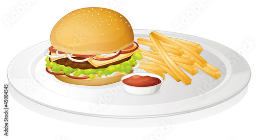 Burger, french fries and sauce