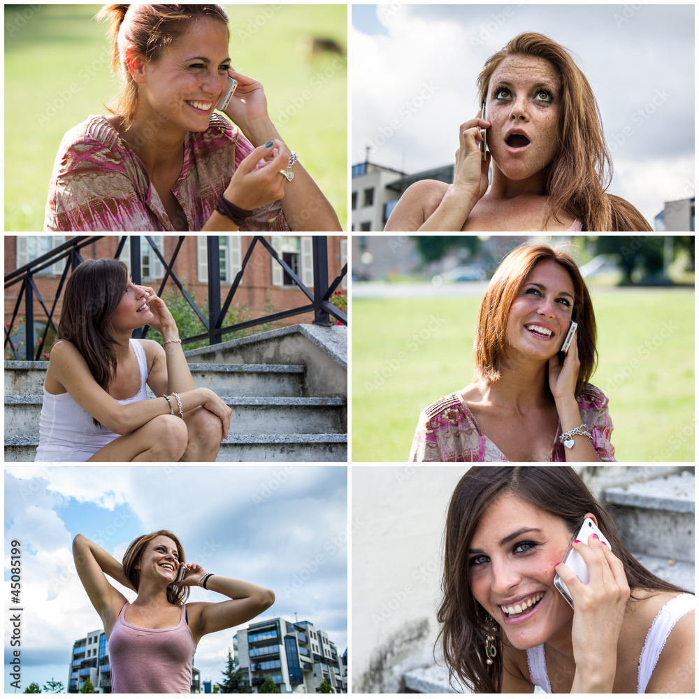 Three beautiful and smiling girl, talking with her smartphone