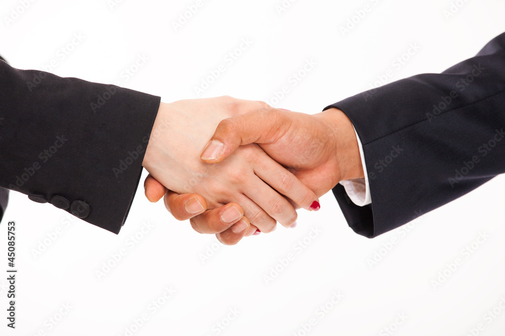 Handshake men and women. Isolated on white background Handshake men and women. Isolated on white background