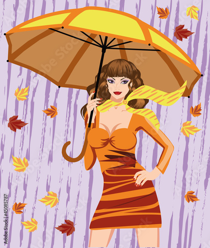 Autumn woman and umbrella, vector illustration