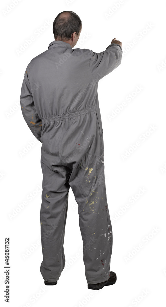 Back of worker man pointing up isolated on white background Back of worker man pointing up isolated on white background