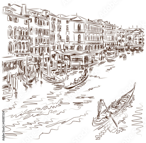 Venice - Grand Canal. The view from the Rialto Bridge. Vector sk