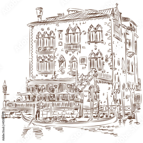Venice - Grand Canal. Ancient building & gondola. Vector sketch