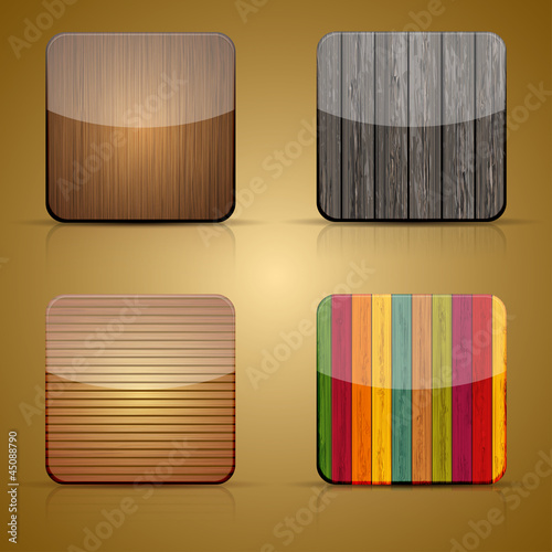 Vector wooden app icon set on brown background. Eps 10