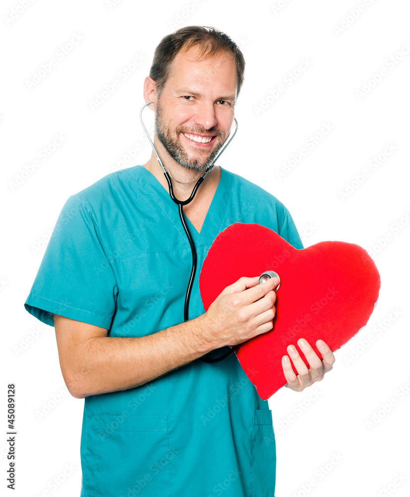 doctor examining a red heart doctor examining a red heart