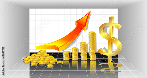 Profit with Gold Coins  red arrow and with dollar