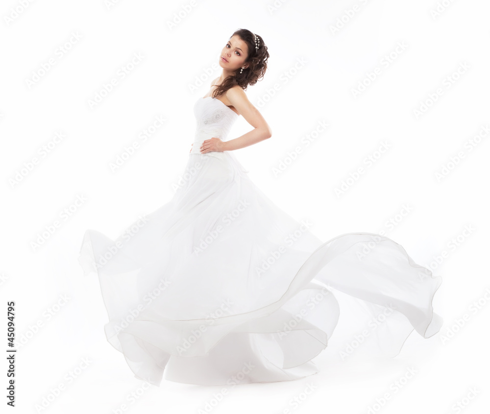 Beauty bride in wedding fashion white dress running Beauty bride in wedding fashion white dress running