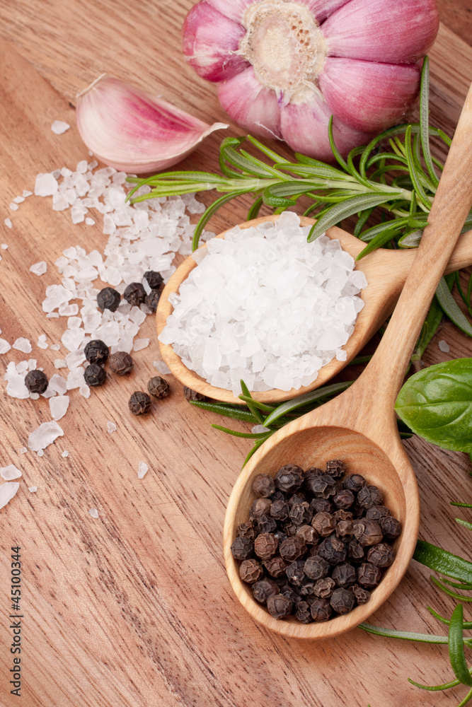Fresh herbs and salt spoon Fresh herbs and salt spoon