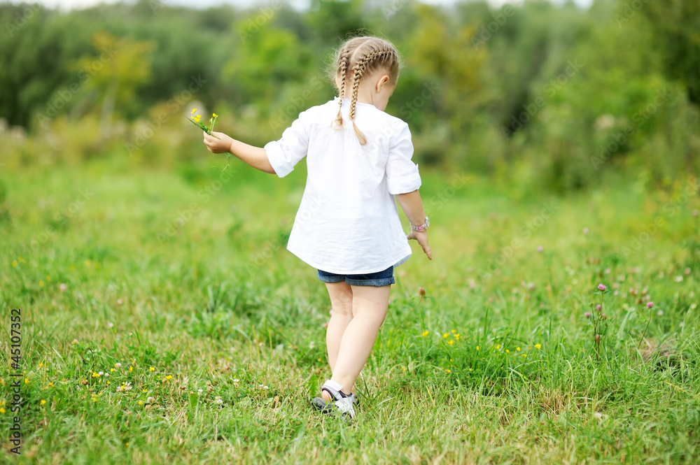 Little girl gathering flowers on field Little girl gathering flowers on field