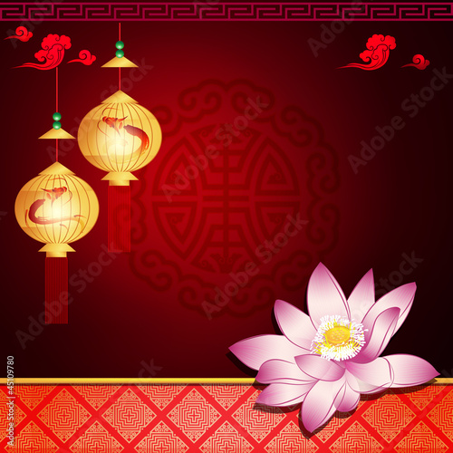 Oriental pattern: lantern and lotus with space for text or image
