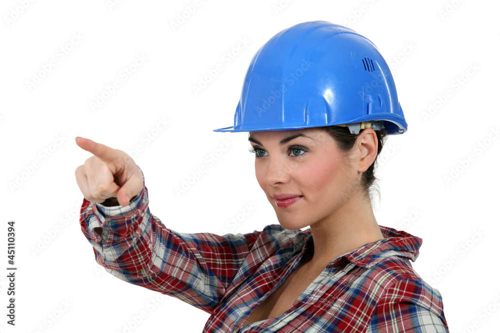 happy craftswoman pointing happy craftswoman pointing