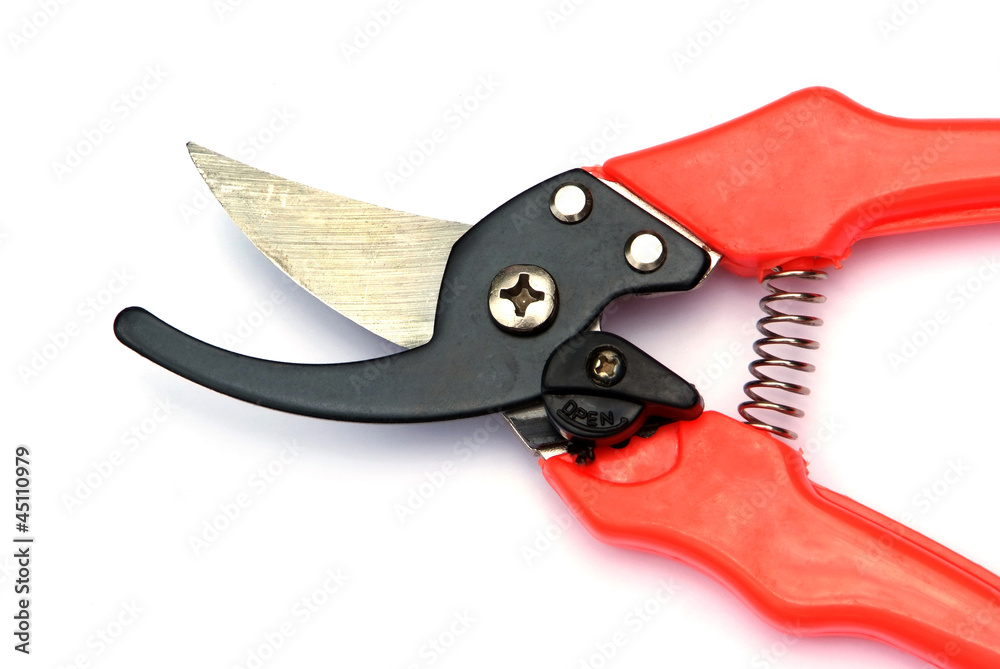 Red garden secateurs isolated on a white background Red garden secateurs isolated on a white background