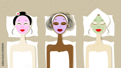 Pretty women with cosmetic mask on faces in spa salon