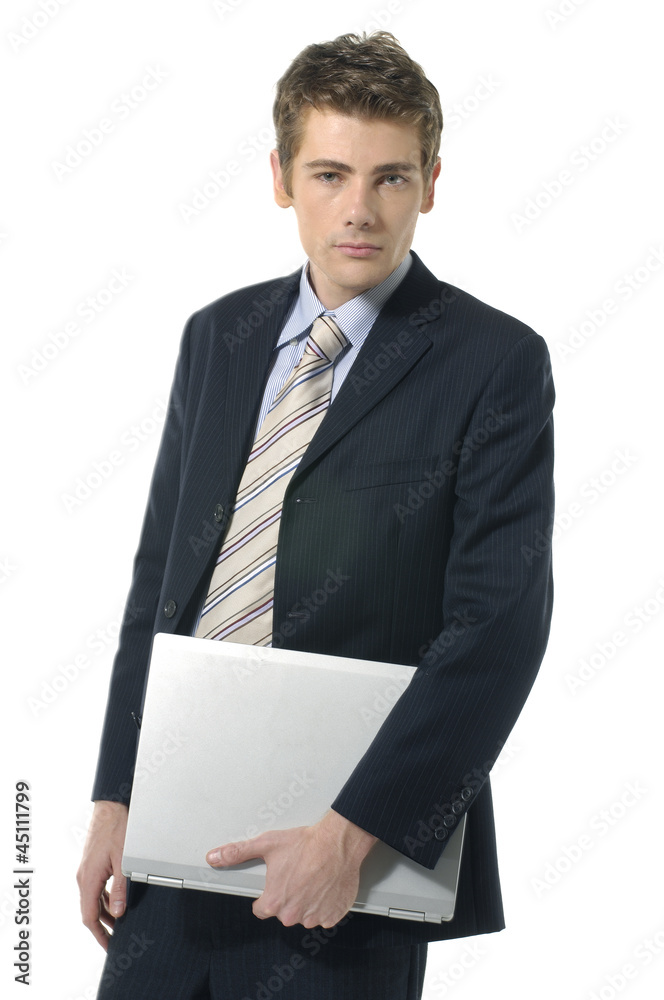 businessman holding a laptop on white background businessman holding a laptop on white background