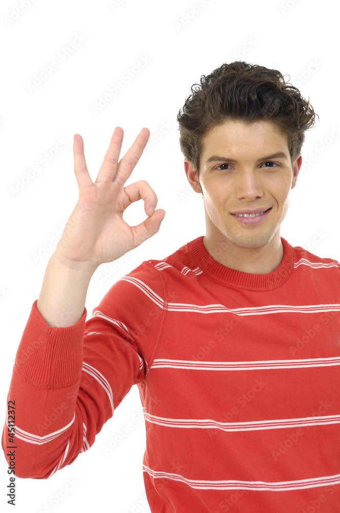 Portrait of a smiling handsome young man gesturing ok sign Portrait of a smiling handsome young man gesturing ok sign