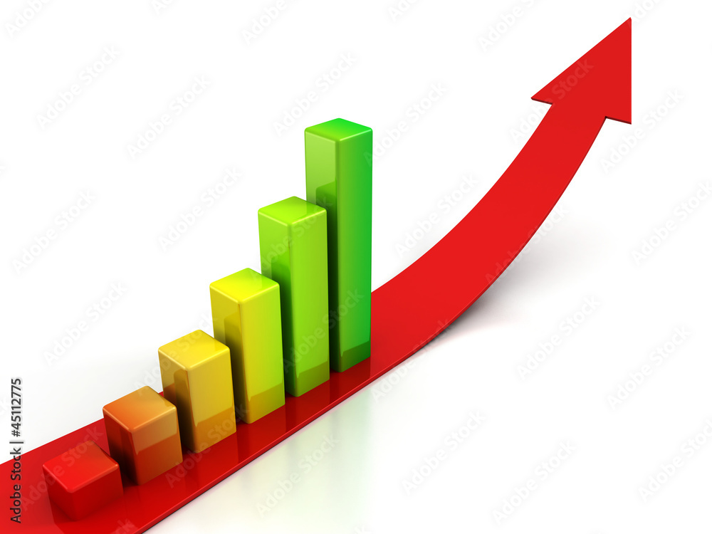 red arrow and colorful bar graph on white background red arrow and colorful bar graph on white background