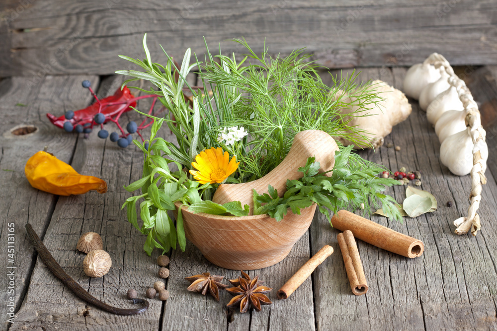 Herbs and spices in mortar on wooden boards Herbs and spices in mortar on wooden boards